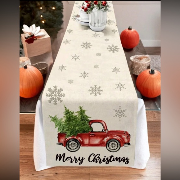 NWT-Cream & Silver Snowflake ❄️ -Merry Christmas Farmtruck Table Runner 72x13 - Picture 1 of 3